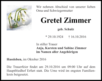 Traueranzeige von Gretel Zimmer von Thüringer Allgemeine, Thüringische Landeszeitung