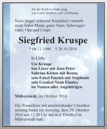 Traueranzeige von Siegfried Kruspe von Thüringer Allgemeine, Thüringische Landeszeitung