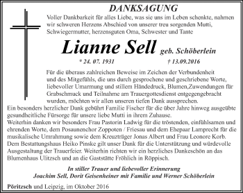 Traueranzeige von Lianne Sell von Ostthüringer Zeitung