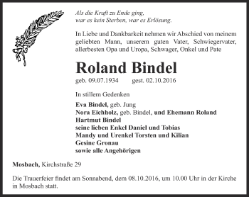 Traueranzeige von Roland Bindel von Thüringer Allgemeine, Thüringische Landeszeitung