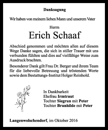 Traueranzeige von Erich Schaaf von Ostthüringer Zeitung