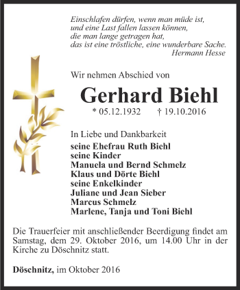 Traueranzeige von Gerhard Biehl von Ostthüringer Zeitung