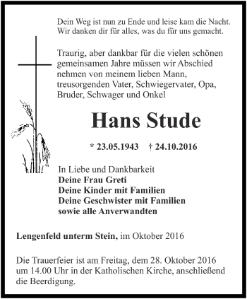 Traueranzeige von Hans Stude von Thüringer Allgemeine, Thüringische Landeszeitung