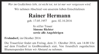 Traueranzeige von Rainer Hermann von Thüringer Allgemeine