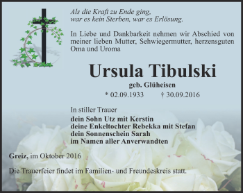Traueranzeige von Ursula Tibulski von Ostthüringer Zeitung