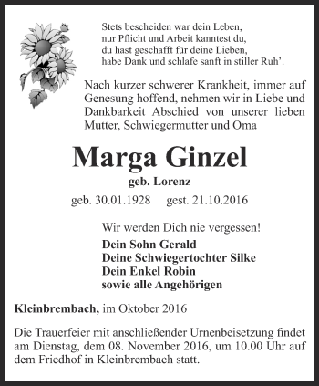 Traueranzeige von Marga Ginzel von Thüringer Allgemeine