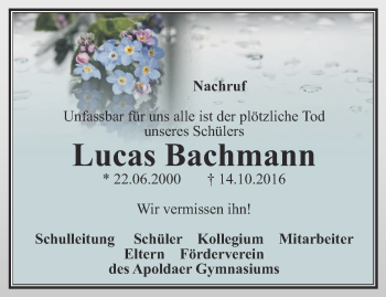 Traueranzeige von Lucas Bachmann von Thüringer Allgemeine, Thüringische Landeszeitung