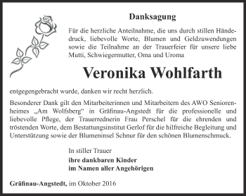 Traueranzeige von Veronika Wohlfarth von Thüringer Allgemeine