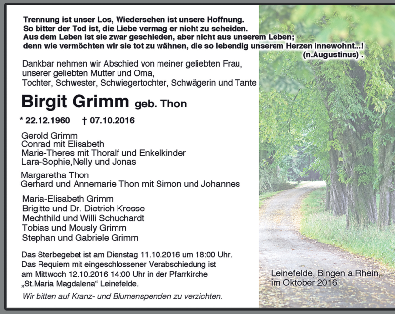 Traueranzeige für Birgit Grimm vom 10.10.2016 aus Thüringer Allgemeine