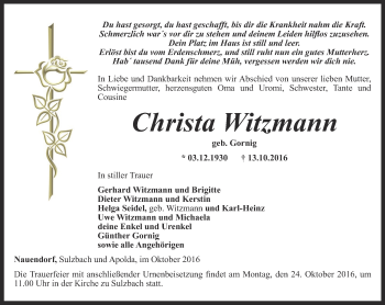 Traueranzeige von Christa Witzmann von Thüringer Allgemeine, Thüringische Landeszeitung