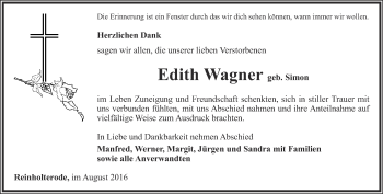 Traueranzeige von Edith Wagner von Thüringer Allgemeine