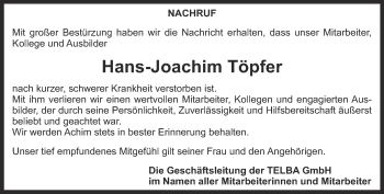 Traueranzeige von Hans-Joachim Töpfer von Thüringer Allgemeine, Thüringische Landeszeitung