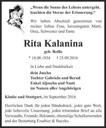 Traueranzeige von Rita Kalanina von Ostthüringer Zeitung