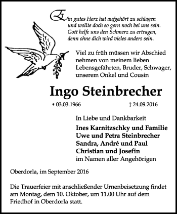 Traueranzeige von Ingo Steinbrecher von Thüringer Allgemeine, Thüringische Landeszeitung