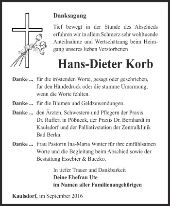 Traueranzeige von Hans-Dieter Korb von Ostthüringer Zeitung