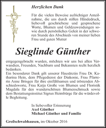 Traueranzeige von Sieglinde Günther von Thüringer Allgemeine, Thüringische Landeszeitung