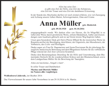 Traueranzeige von Anna Müller von Thüringer Allgemeine