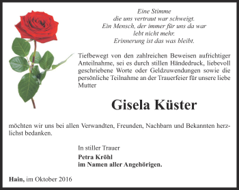 Traueranzeige von Gisela Küster von Ostthüringer Zeitung