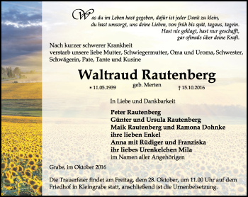 Traueranzeige von Waltraud Rautenberg von Thüringer Allgemeine, Thüringische Landeszeitung