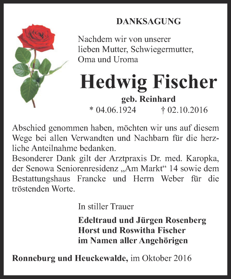  Traueranzeige für Hedwig Fischer vom 28.10.2016 aus Ostthüringer Zeitung