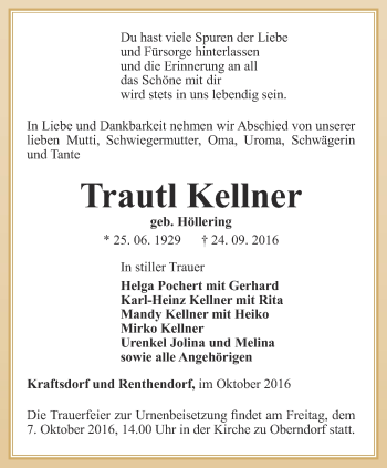 Traueranzeige von Trautl Kellner von Ostthüringer Zeitung