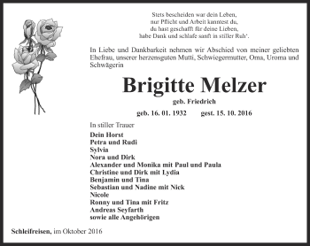 Traueranzeige von Brigitte Melzer von Ostthüringer Zeitung