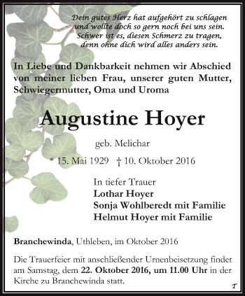 Traueranzeige von Augustine Hoyer von Thüringer Allgemeine