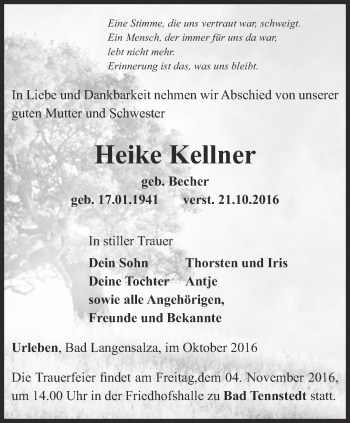 Traueranzeige von Heike Kellner von Thüringer Allgemeine, Thüringische Landeszeitung