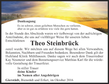 Traueranzeige von Theo Steinbrück von Ostthüringer Zeitung, Thüringische Landeszeitung