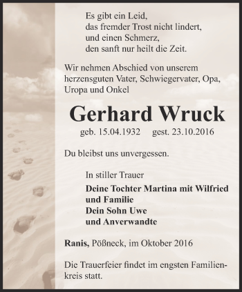 Traueranzeige von Gerhard Wruck von Ostthüringer Zeitung