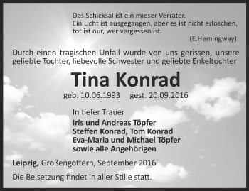 Traueranzeige von Tina Konrad von Thüringer Allgemeine, Thüringische Landeszeitung