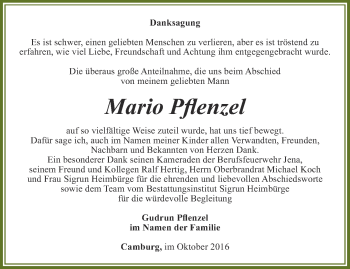 Traueranzeige von Mario Pflenzel von Ostthüringer Zeitung, Thüringische Landeszeitung