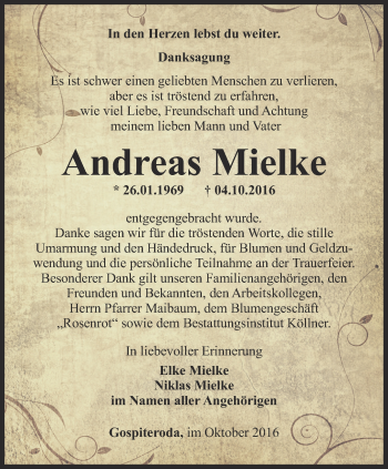 Traueranzeige von Andreas Mielke von Ostthüringer Zeitung, Thüringische Landeszeitung