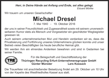 Traueranzeige von Michael Dresel von Thüringer Allgemeine, Thüringische Landeszeitung