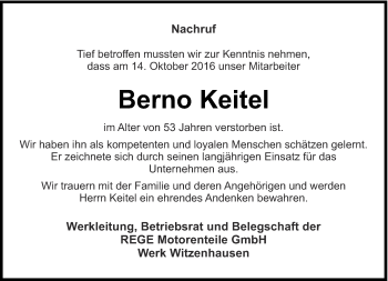 Traueranzeige von Berno Keitel von Thüringer Allgemeine