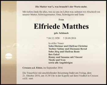 Traueranzeige von Elfriede Matthes von Ostthüringer Zeitung