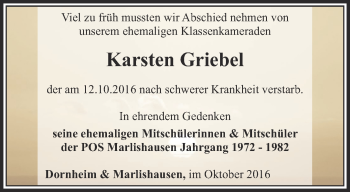 Traueranzeige von Karsten Griebel von Thüringer Allgemeine