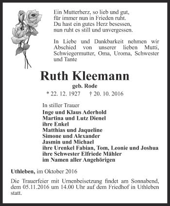 Traueranzeige von Ruth Kleemann von Thüringer Allgemeine