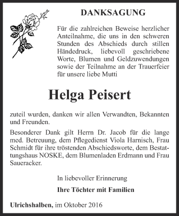 Traueranzeige von Helga Peisert von Thüringer Allgemeine, Thüringische Landeszeitung