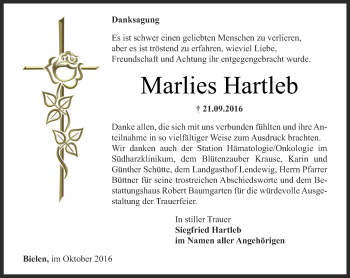 Traueranzeige von Marlies Hartleb von Thüringer Allgemeine