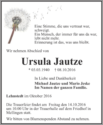 Traueranzeige von Ursula Jautze von Thüringer Allgemeine, Thüringische Landeszeitung