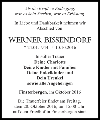 Traueranzeige von Werner Bissendorf von Ostthüringer Zeitung, Thüringische Landeszeitung