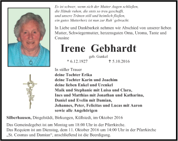 Traueranzeige von Irene Gebhardt von Thüringer Allgemeine