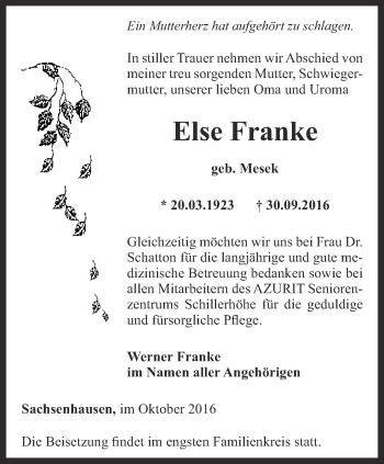 Traueranzeige von Else Franke von Thüringer Allgemeine, Thüringische Landeszeitung