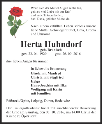 Traueranzeige von Herta Huhndorf von Ostthüringer Zeitung