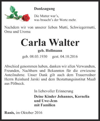 Traueranzeige von Carla Walter von Ostthüringer Zeitung