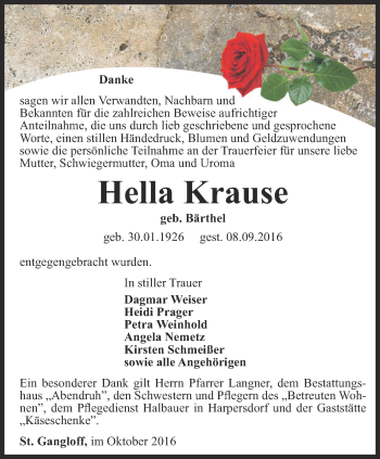 Traueranzeige von Hella krause von Ostthüringer Zeitung