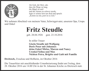 Traueranzeige von Fritz Steudle von Ostthüringer Zeitung