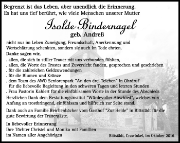 Traueranzeige von Isolde Bindernagel von Thüringer Allgemeine