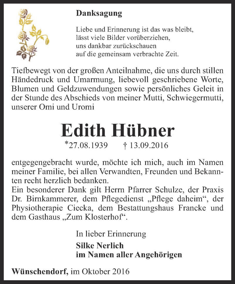  Traueranzeige für Edith Hübner vom 01.10.2016 aus Ostthüringer Zeitung